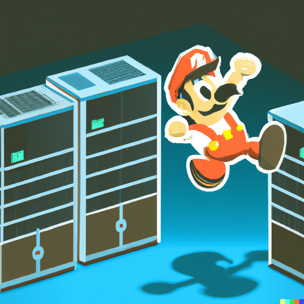 Dall E: _"Retro Super Mario jumping over computer server racks."_