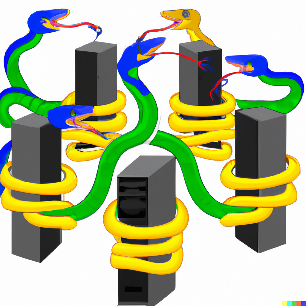 Dall E: _"Snakes connecting multiple servers together as if they were highly connected."_