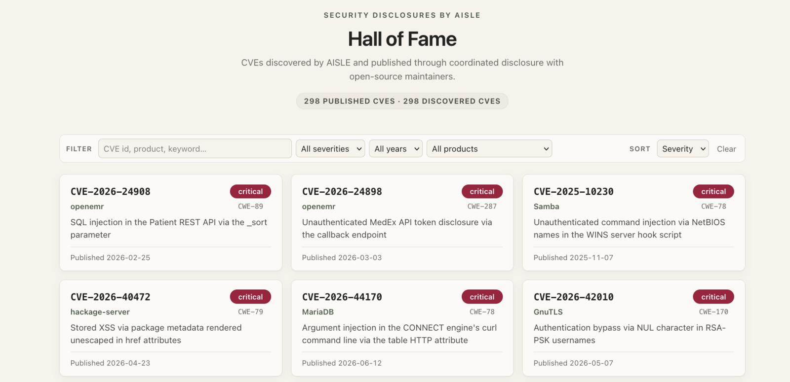 A redesigned wall: a filterable, sortable list of CVE cards on a light background