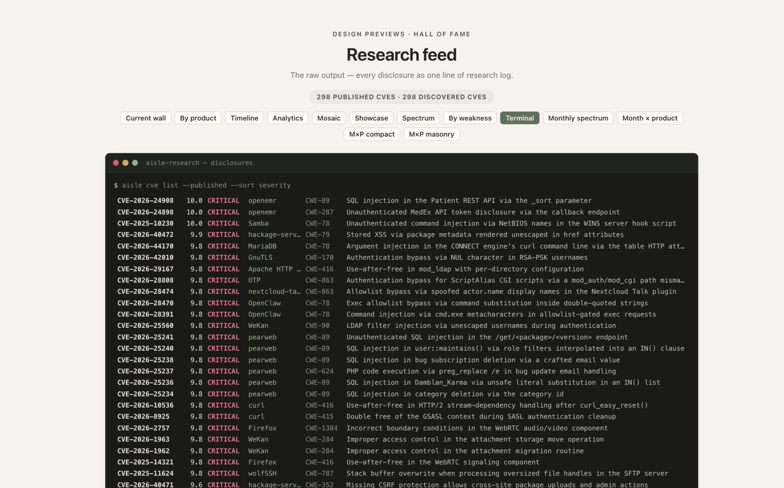 Research feed: every disclosure as one line of research log in a terminal