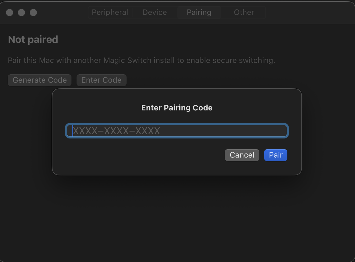 Entering the pairing code on the other Mac