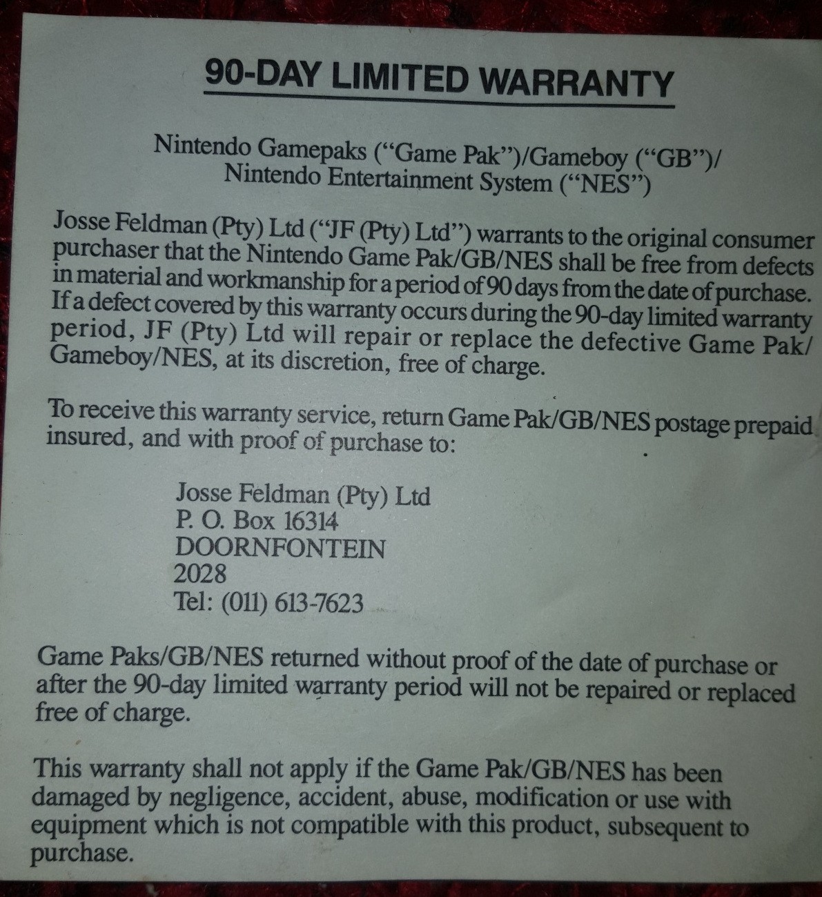 Warranty Card For NES / Gameboy in South Africa