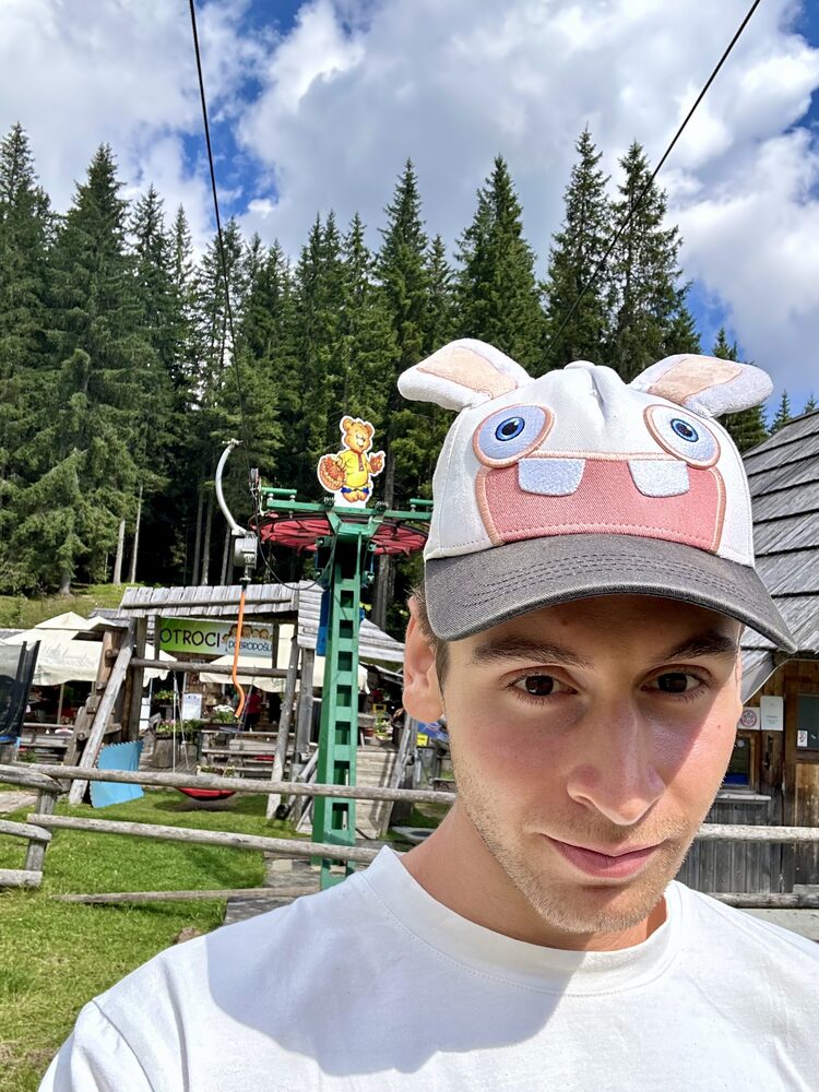 A children's animal cap in the mountains