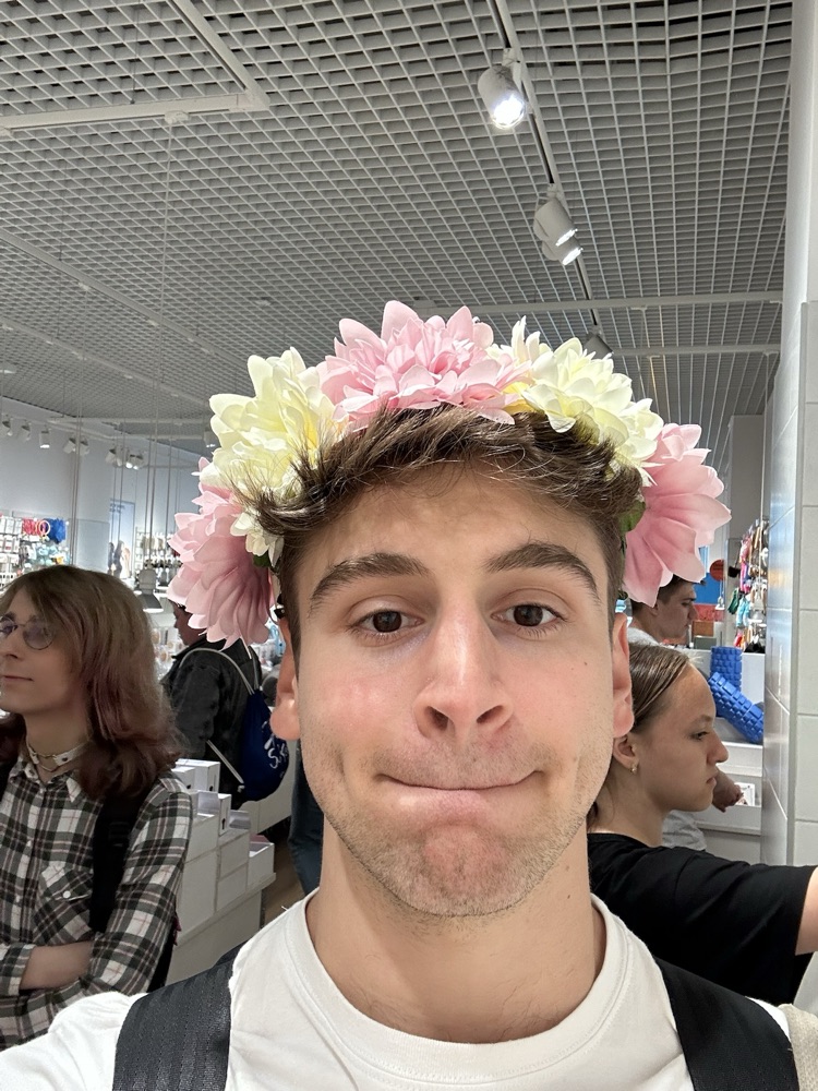 Wearing a floral hat