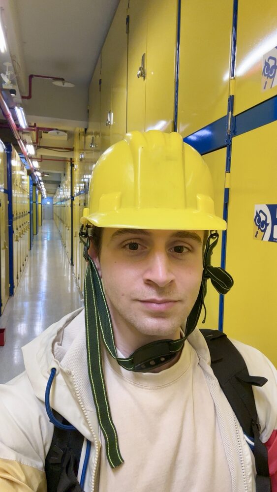 A hard hat in a plant corridor