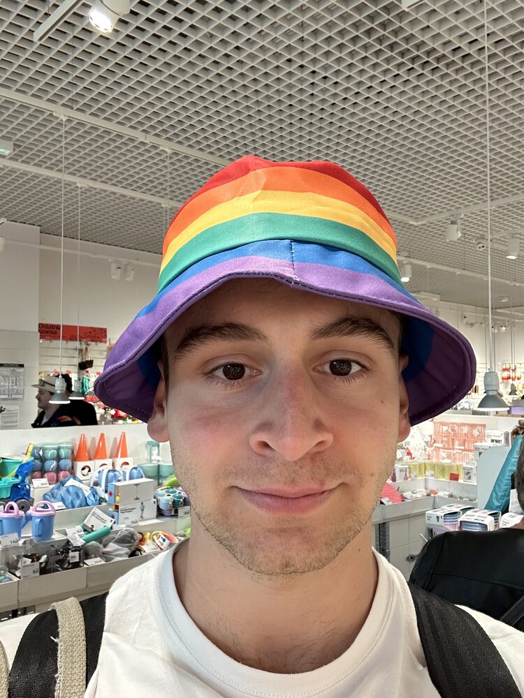 A rainbow bucket hat