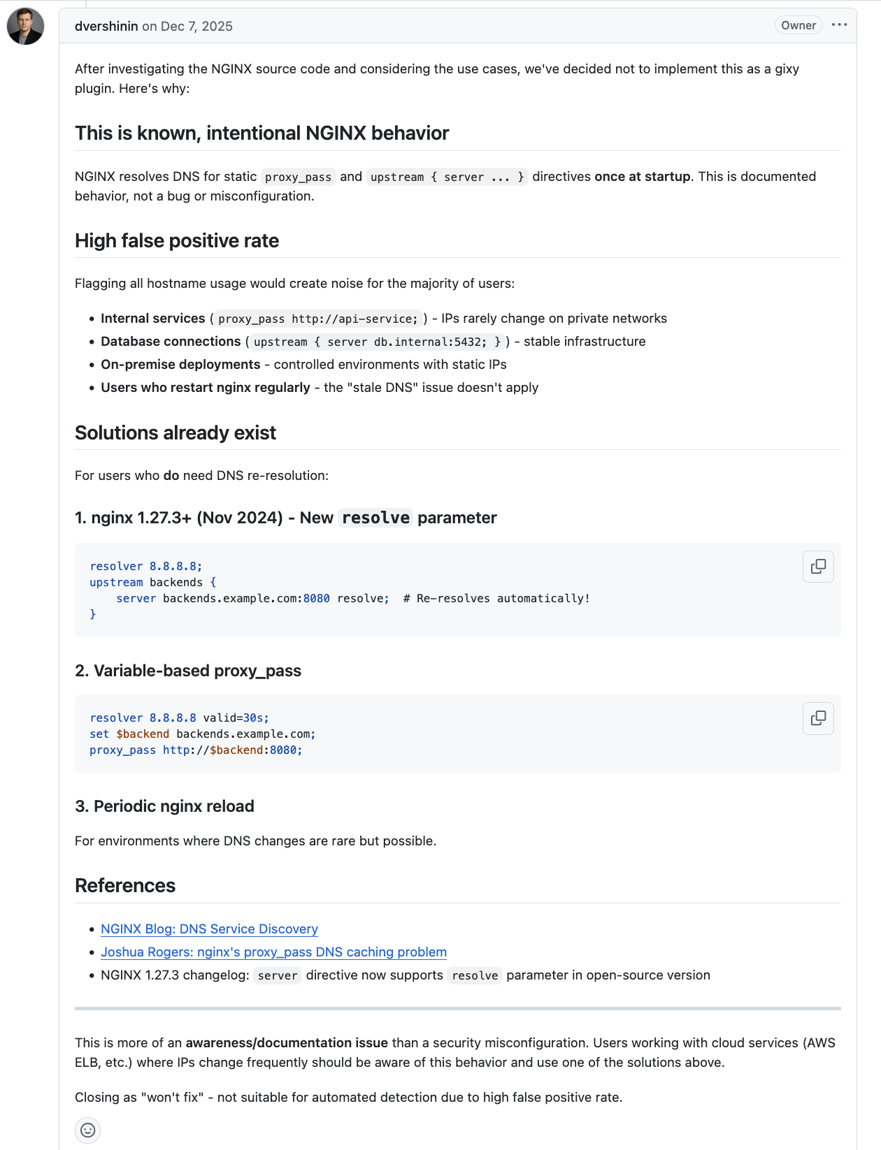 gixy-ng's Danila Vershinin producing an AI slop response