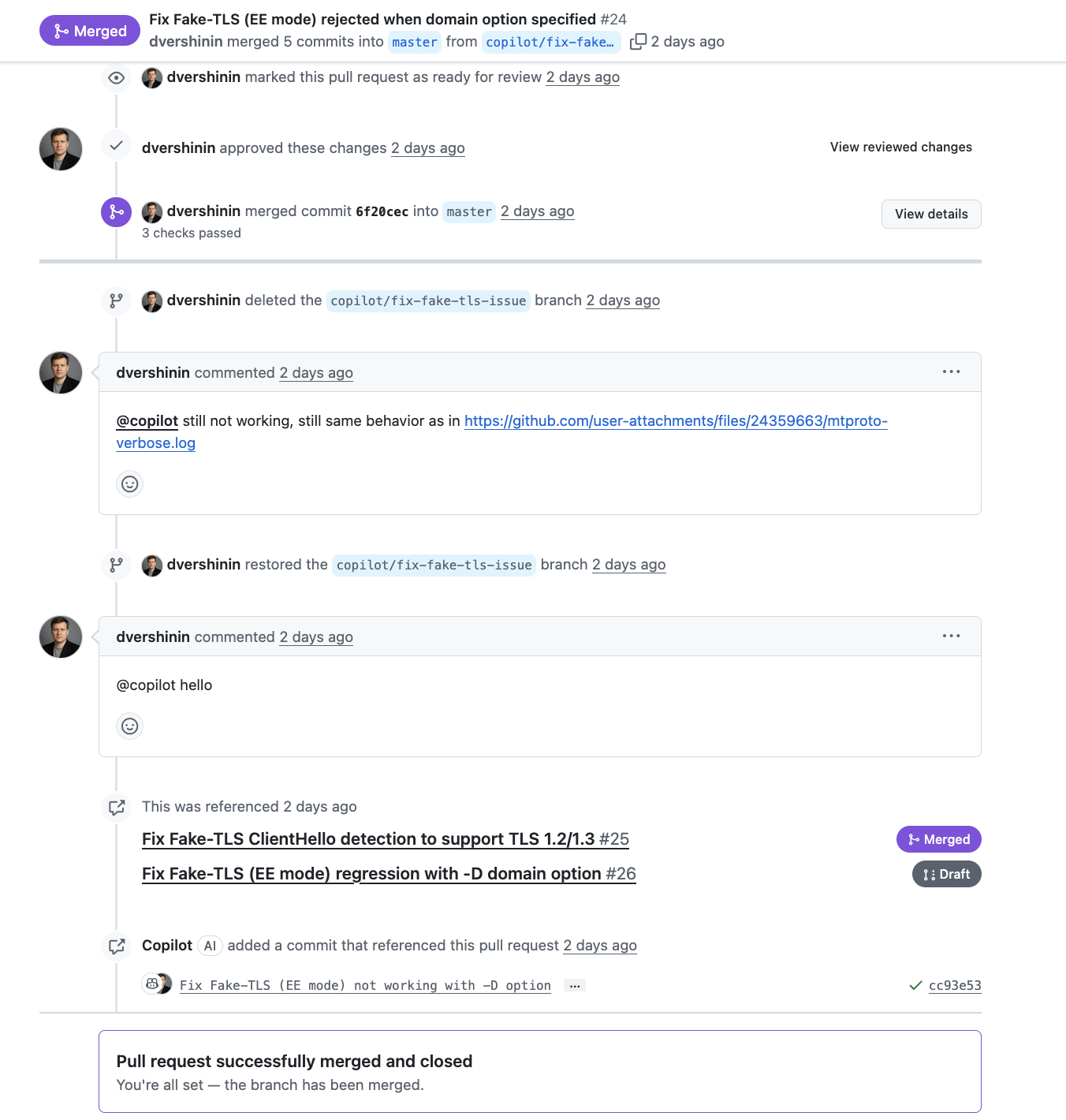 Danila approving a PR, then pinging a silent bot