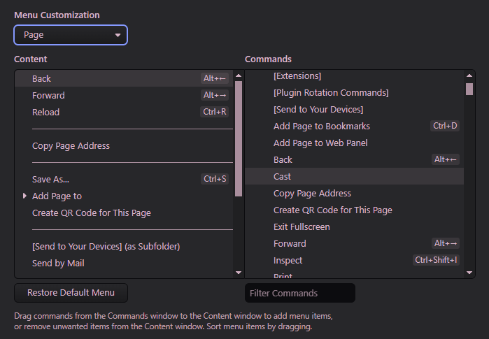 Vivaldi's context menu editing window